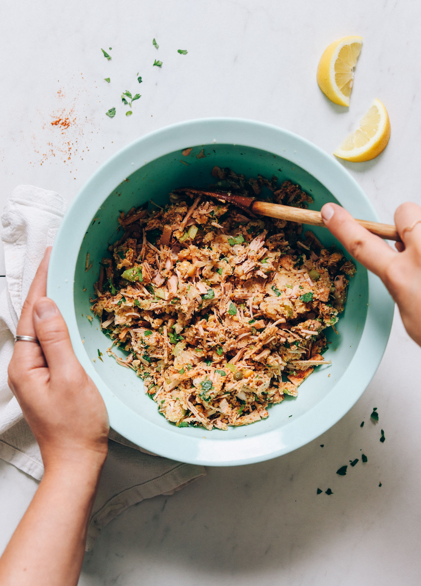 Bowl with vegan crab cake mixture before cooking
