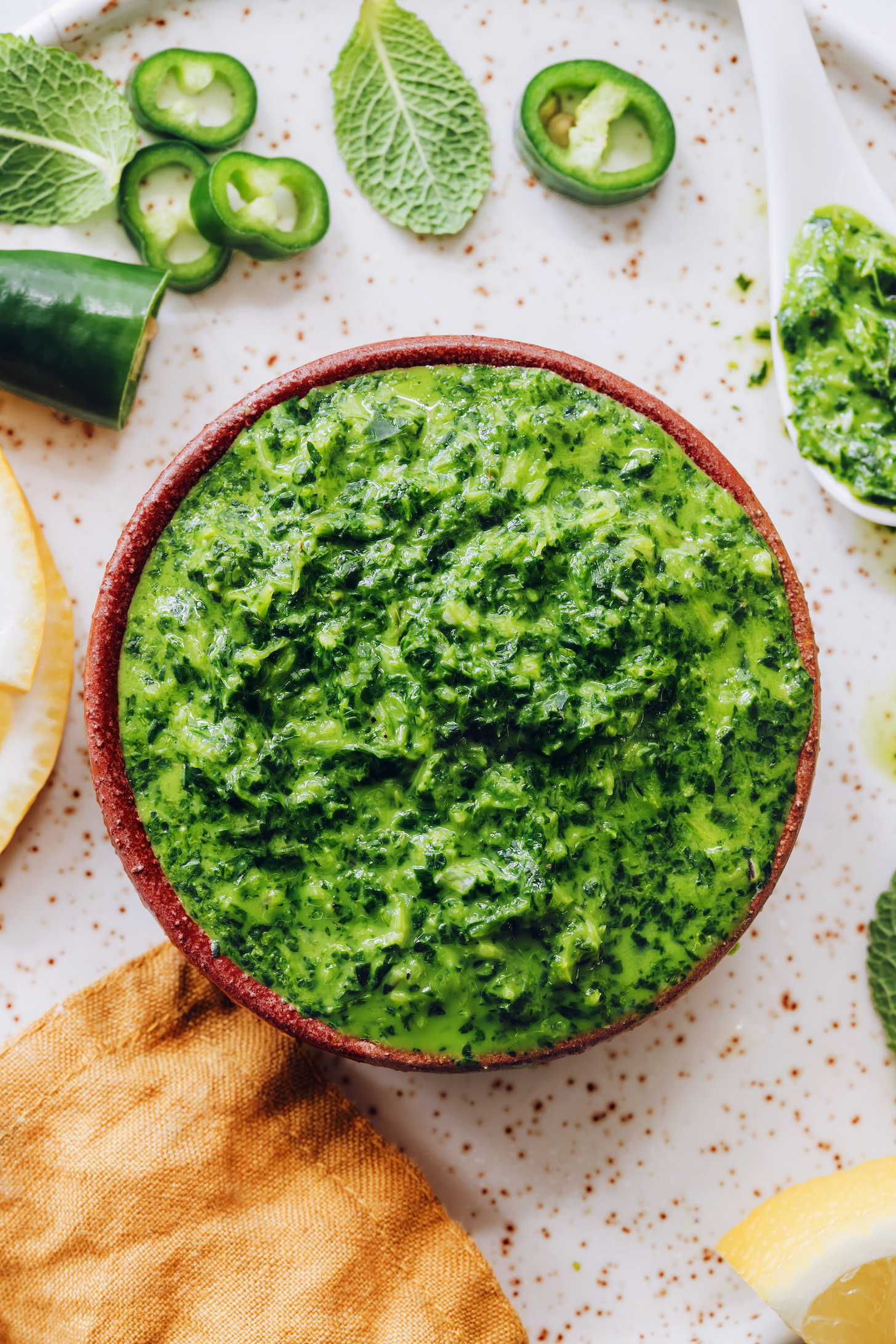 Top down shot of a bowl of our easy mint chutney recipe
