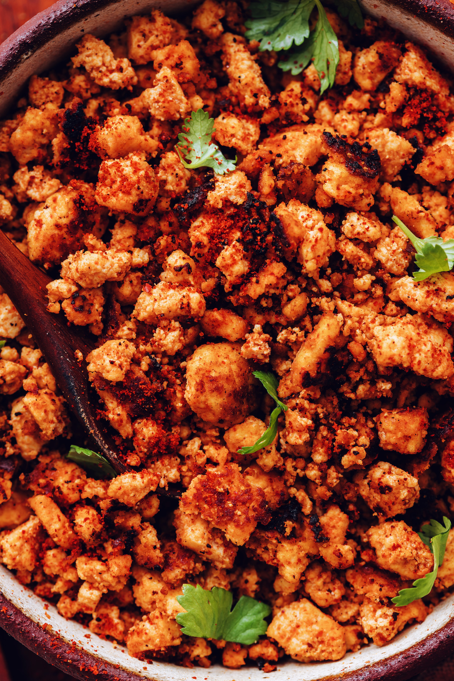 Bowl of crispy vegan chorizo made with tofu