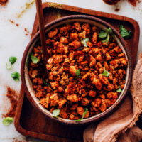 Bowl of our easy vegan chorizo recipe topped with fresh cilantro