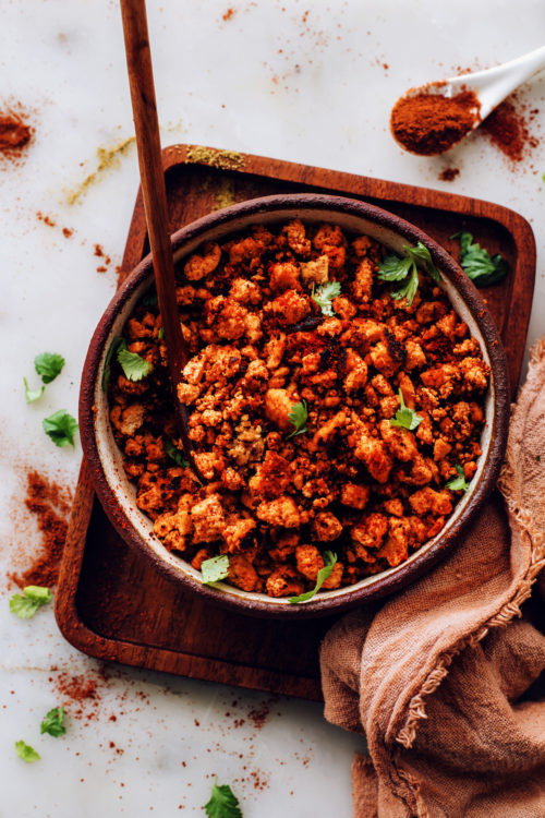 Bowl of our easy vegan chorizo recipe topped with fresh cilantro