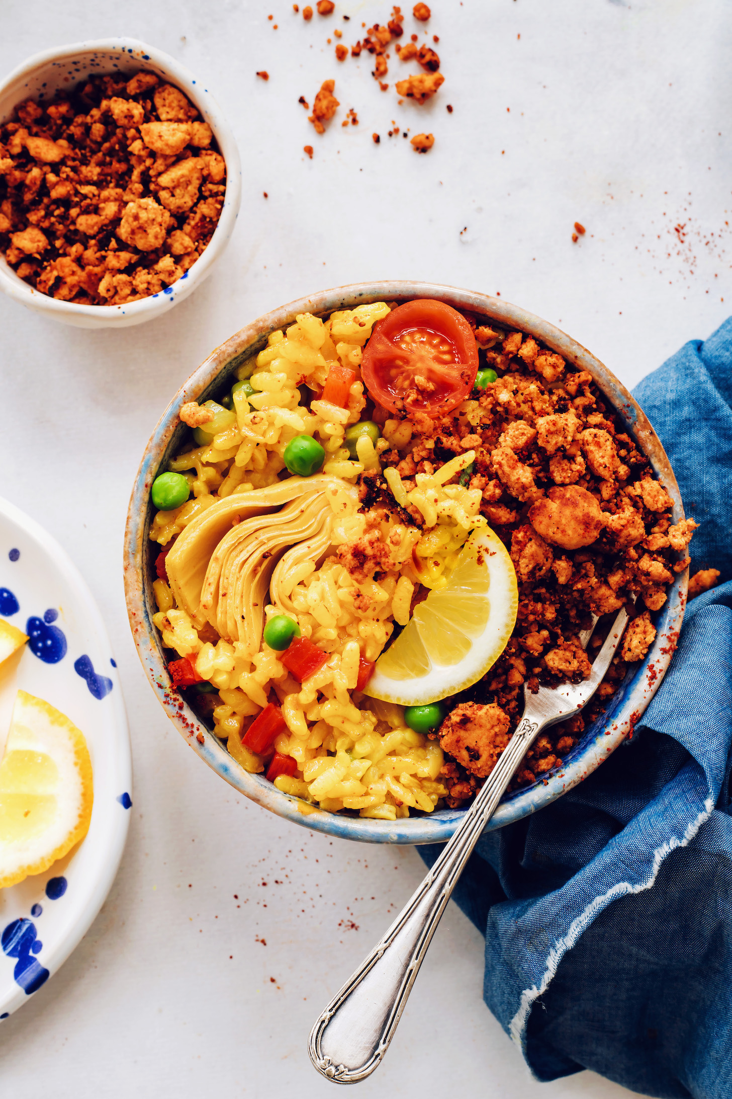 Bowl of vegan paella with tofu chorizo