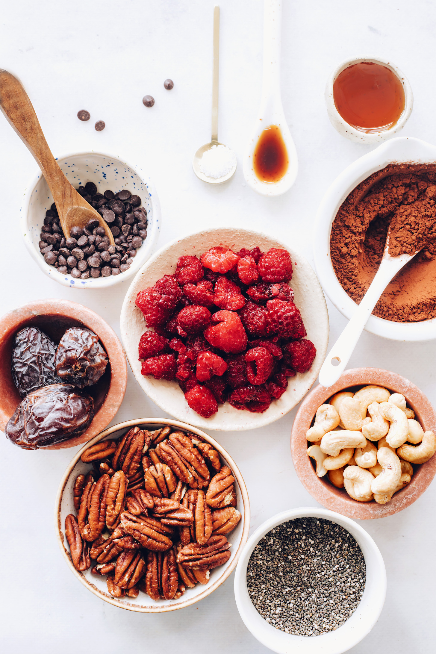 Chocolate chips, dates, pecans, chia seeds, cashews, raspberries, cocoa powder, vanilla, salt, and maple syrup