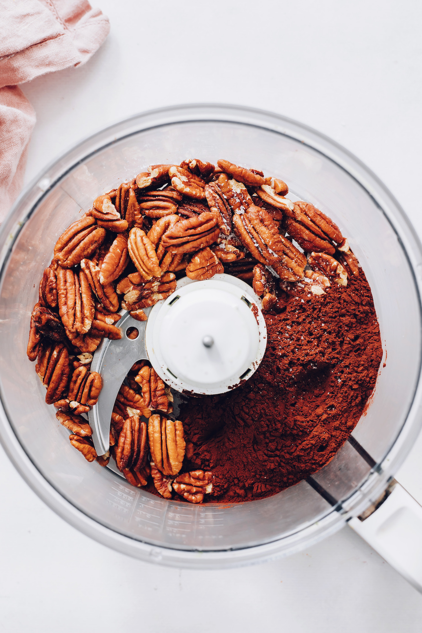 Pecans, salt, and cocoa powder in a food processor