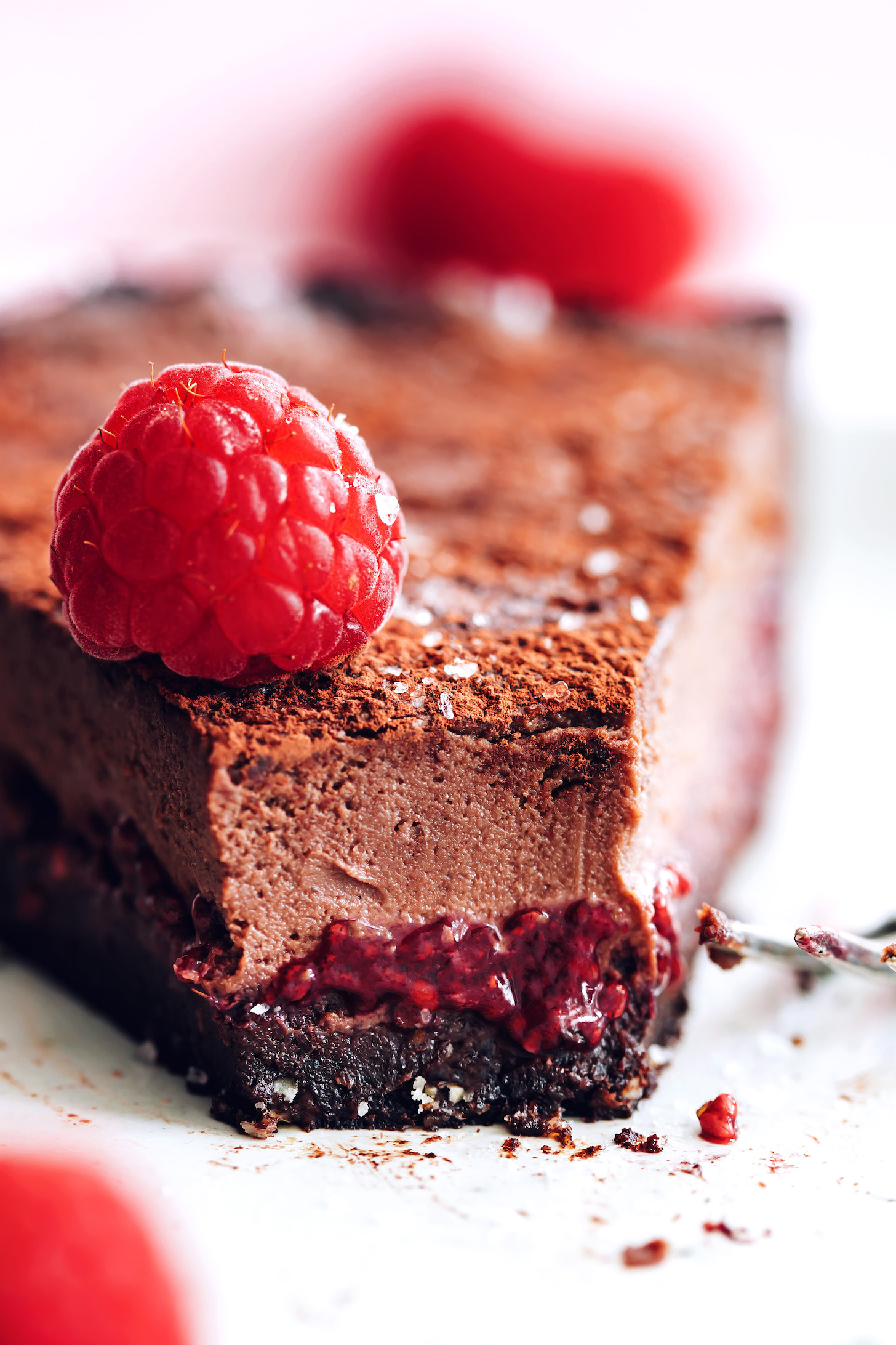 Slice of our vegan chocolate ganache tart topped with a fresh raspberry