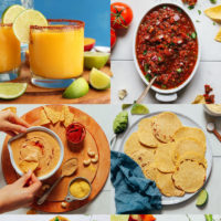 Gallery of easy Cinco de Mayo recipes, homemade tortillas, easy vegan queso dip, homemade salsa, and homemade margarita