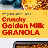Baking sheet and bowl of vegan crunchy golden milk granola with fresh almond milk