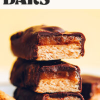 Stack of homemade Twix bars with text above that says vegan and gluten-free