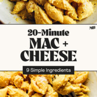 Two bowls of our 20-minute Mac and Cheese with text between them that says 9 simple ingredients