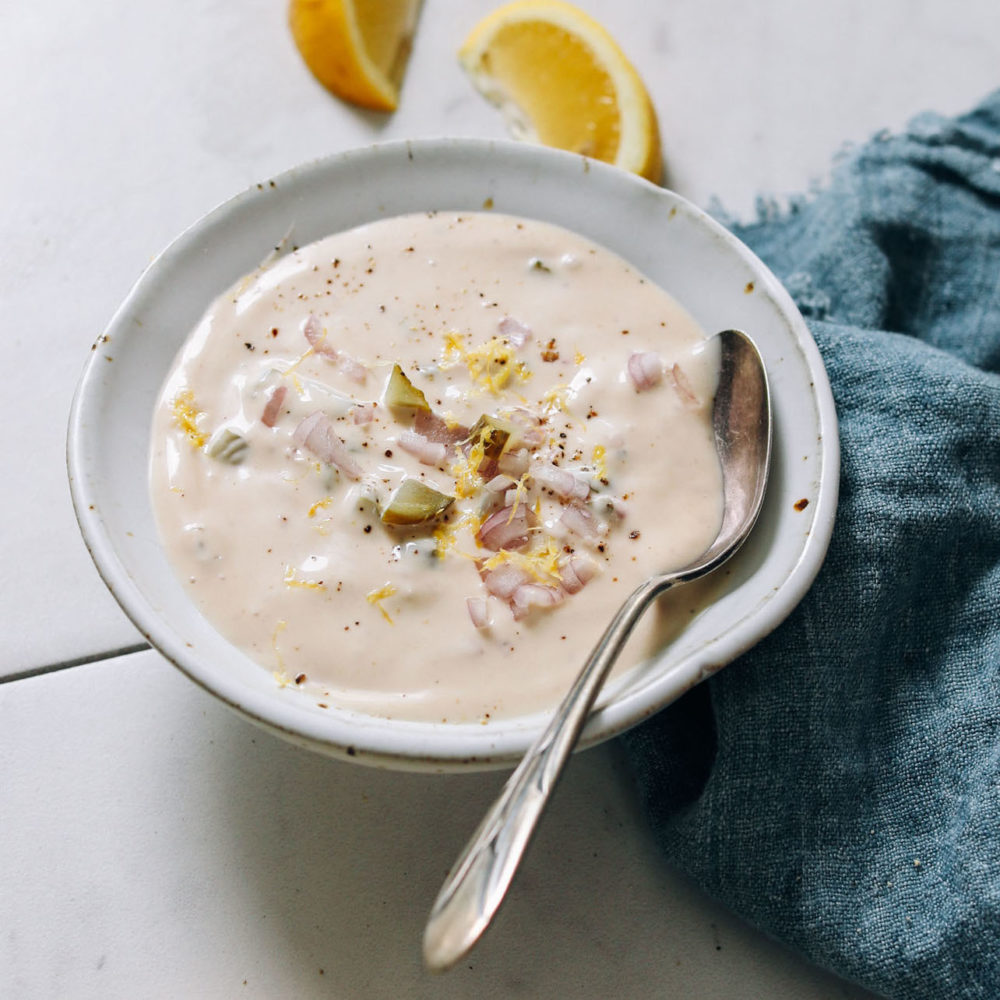Angled view of a bowl of our vegan tartar sauce recipe