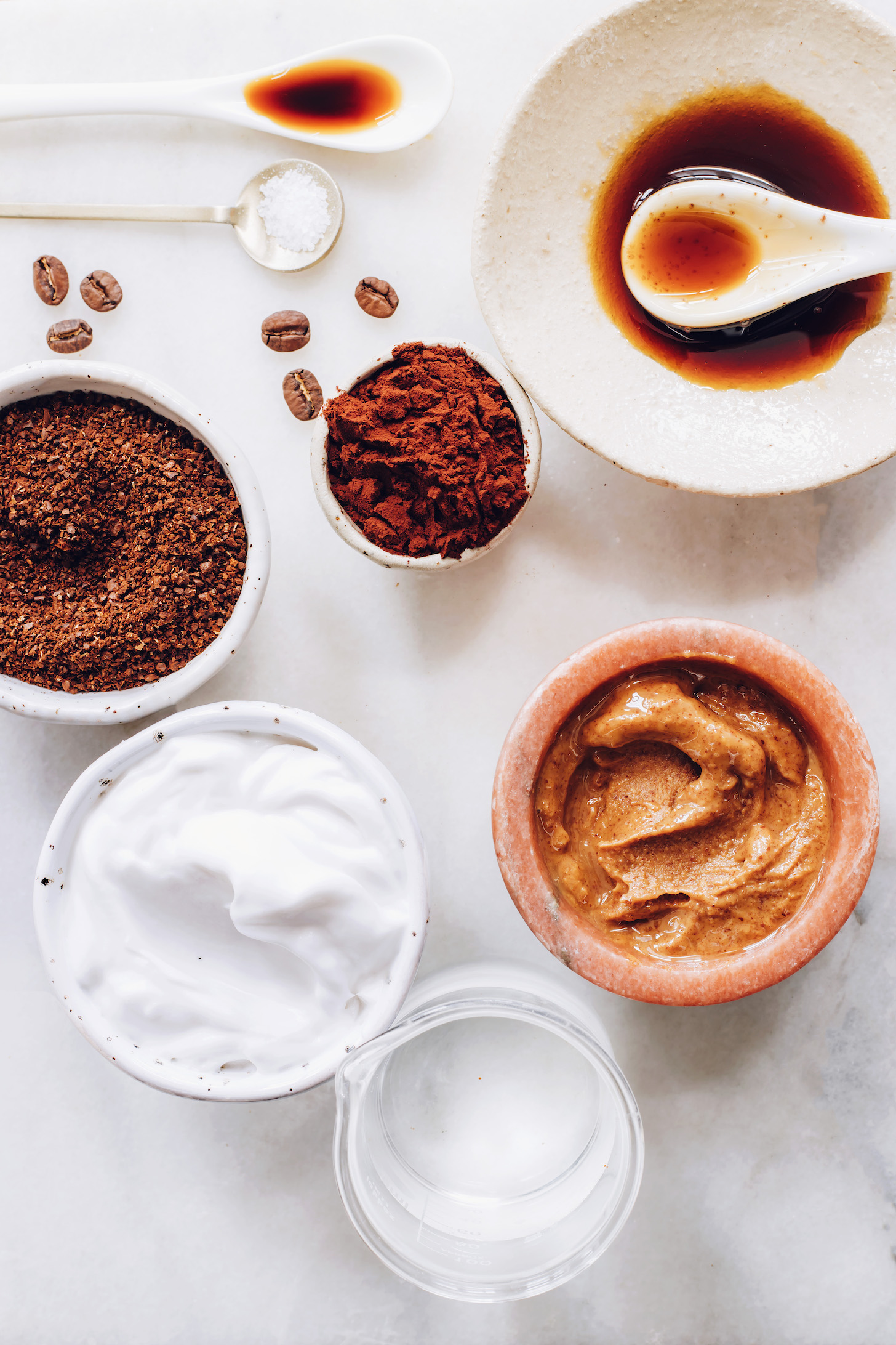 Coffee, cacao powder, salt, maple syrup, almond butter, coconut milk, and water