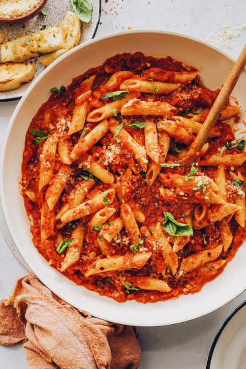 Pan of our easy penne arrabbiata recipe