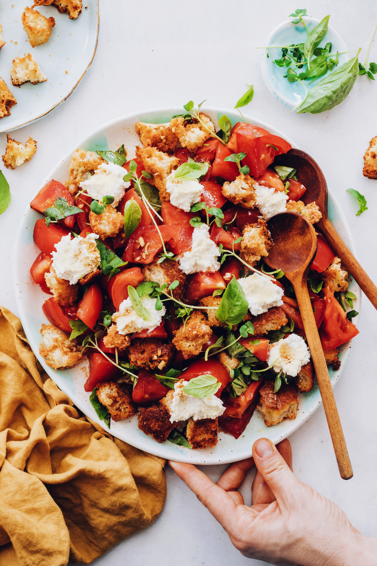 Platter of vegan heirloom tomato panzanella salad