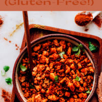 Pot of easy vegan and gluten-free chorizo with cilantro on top