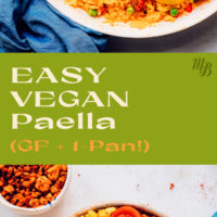Bowl of easy vegan paella with lemon wedges, green peas, and vegan chorizo