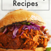 BBQ Jackfruit sandwich with avocado slaw on a toasted bun
