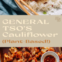 Plate and baking sheet of plant-based general tso's cauliflower with jasmine rice