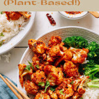 Plate of plant-based general tso's cauliflower with broccoli and jasmine rice