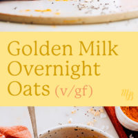 Jar and bowl of golden milk overnight oats with a glass of almond milk