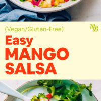 Bowl of easy vegan and gluten-free mango salsa with tortilla chips and cilantro on the side