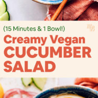 Bowl of vegan and gluten-free creamy cucumber salad with fresh lemon, dill, and radish slices