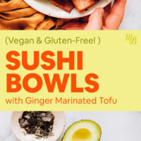 A vegan sushi bowl with fresh vegetables, marinated tofu, and a spread of ingredients including avocado, cucumber, carrots, fresh tofu, tamari, and ginger