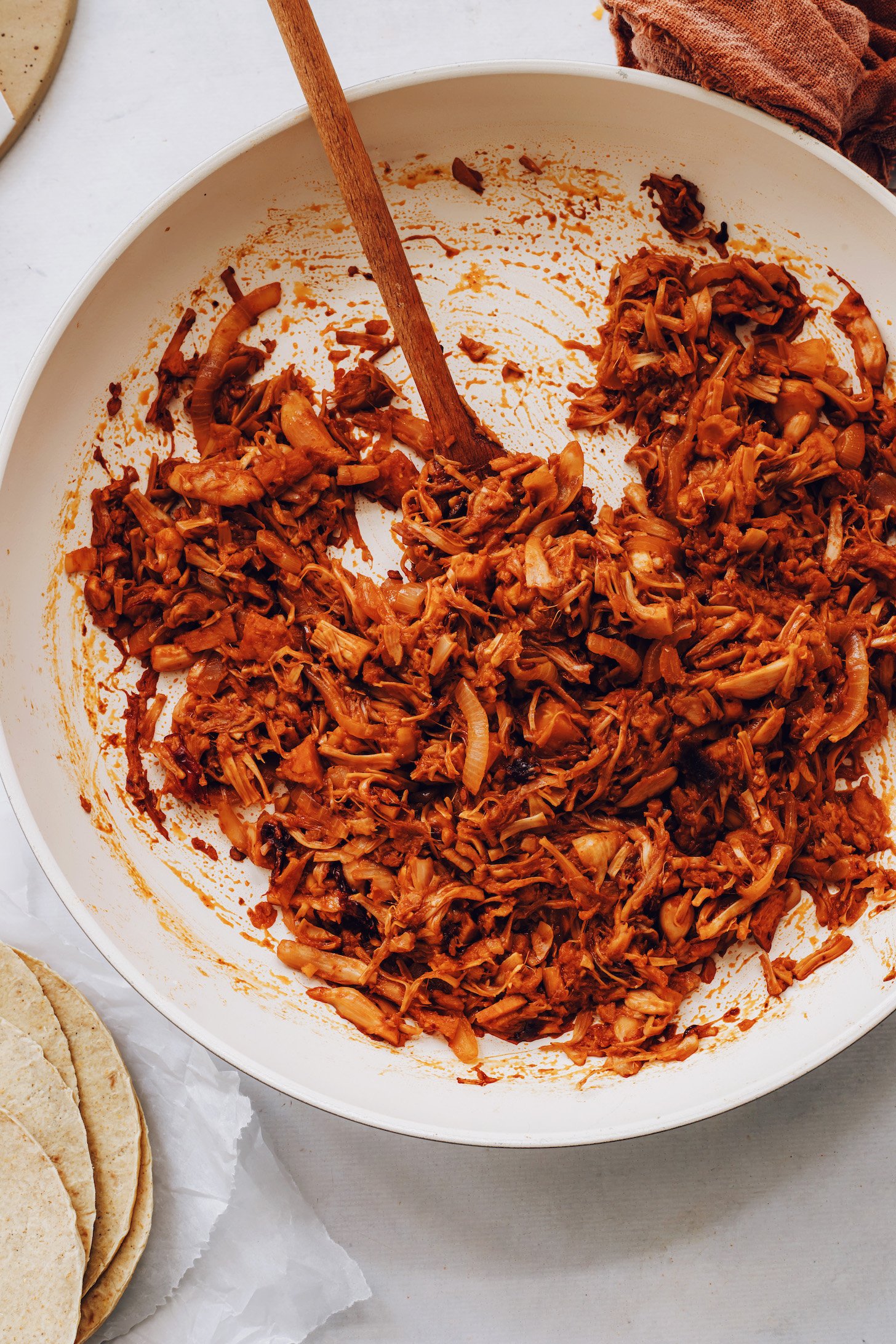 Pan of spicy shredded jackfruit