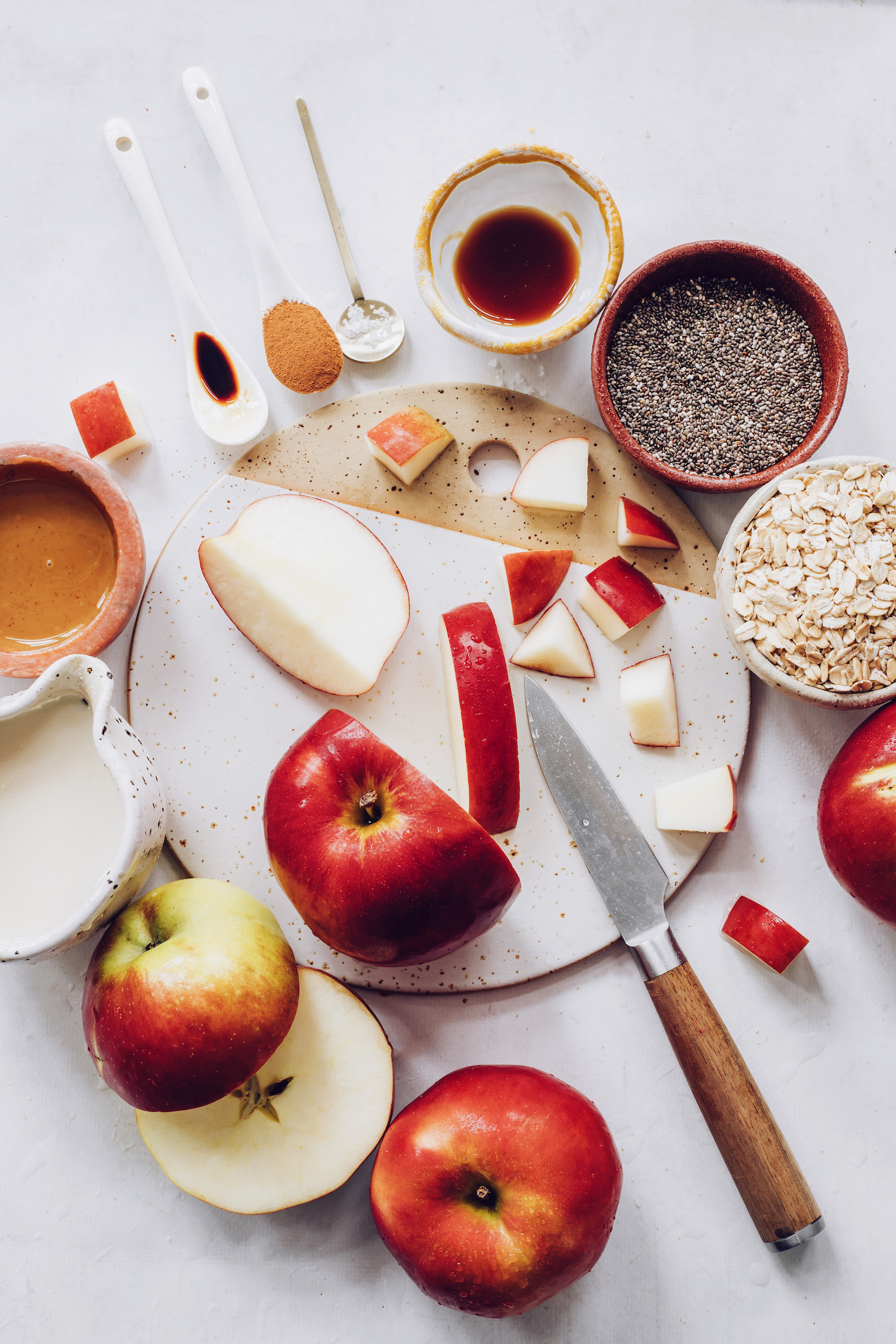 Apples, cinnamon, maple syrup, sea salt, almond milk, chia seeds, almond butter, vanilla, and oats