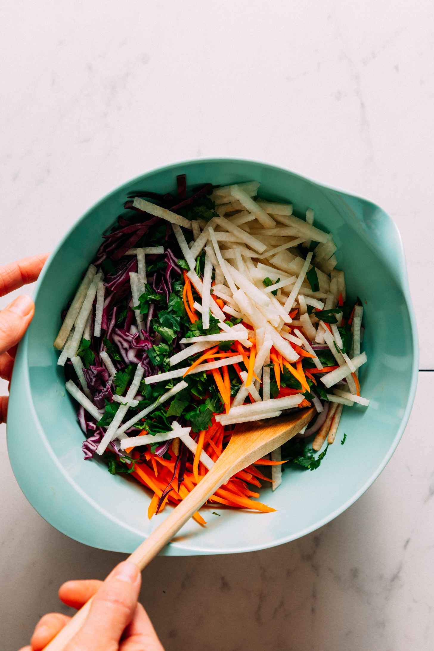 Stirring together jicama, carrot, cilantro, and red cabbage