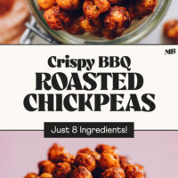 Overhead and side view photos of a glass jar of our Crispy BBQ Roasted Chickpeas made with just 8 ingredients