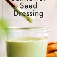 Jar of vegan and gluten-free cilantro sunflower seed dressing