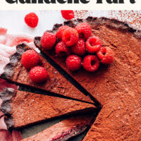Partially sliced raspberry chocolate ganache tart with text above it saying vegan + 10 ingredients