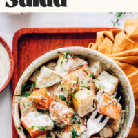 Overhead shot of a bowl of our roasted potato salad made without mayonnaise