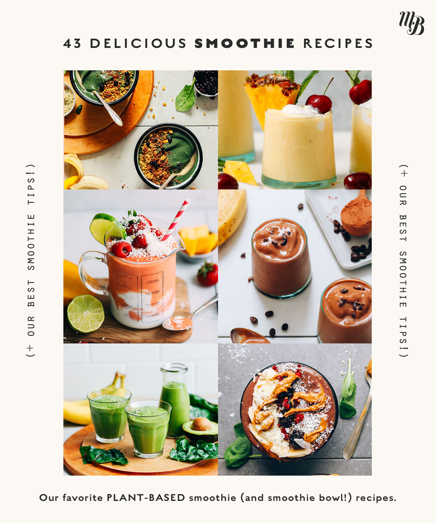 Assortment of vegan smoothies and smoothie bowls