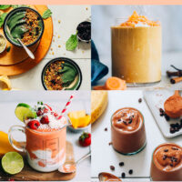Grid of vegan smoothie recipes including banana green smoothie bowl, carrot cake smoothie, creamy cold brew smoothie, and gingery mango berry smoothie