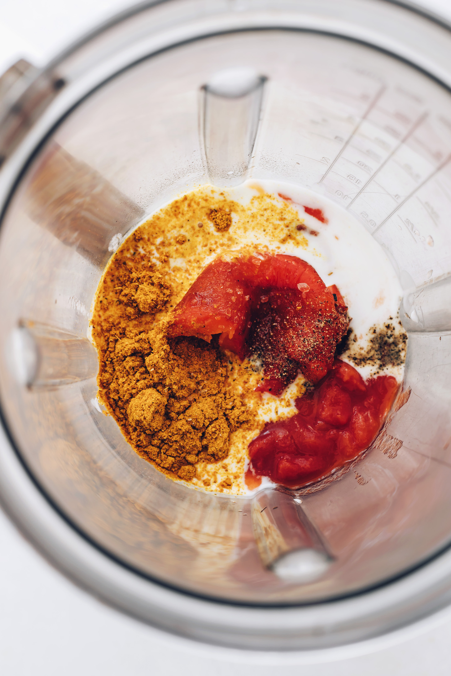 Blender with coconut milk, roasted red peppers, tomatoes, curry powder, salt, and pepper