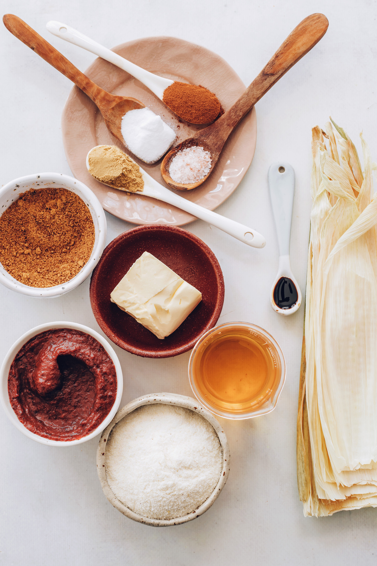 Corn husks, apple juice, masa harina, vanilla, vegan butter, apple butter, coconut sugar, ginger, cinnamon, salt, and baking powder