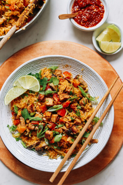 Bowl of flavorful spaghetti squash stir fry with tofu