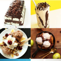 Gallery of vegan ice cream treats including vegan mint brownie ice cream cake, a vegan milkshake, vegan banana split, and a vegan apple pie sundae