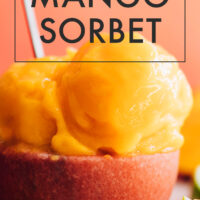Scoops of 3-ingredient mango sorbet in a bowl