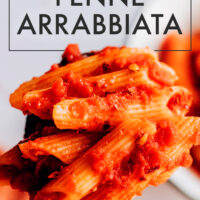 Bite of easy vegan and gluten-free penne arrabbiata