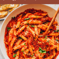 Bowl of easy vegan and gluten-free penne arrabbiata
