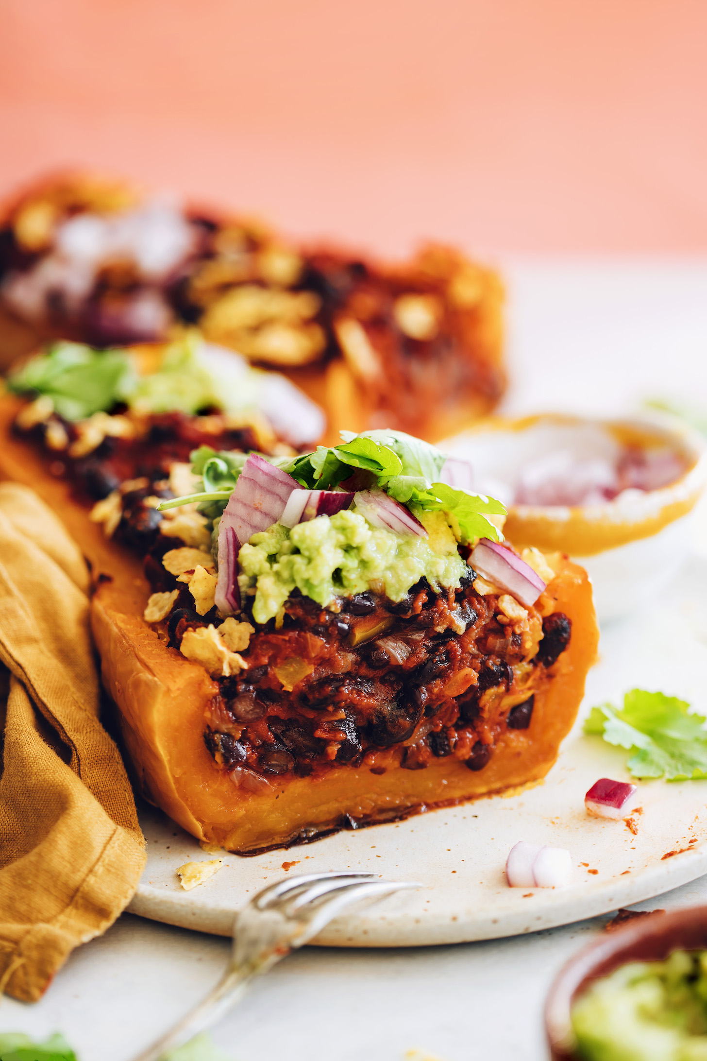 Fork resting beside a stuffed butternut squash with black bean enchilada filling