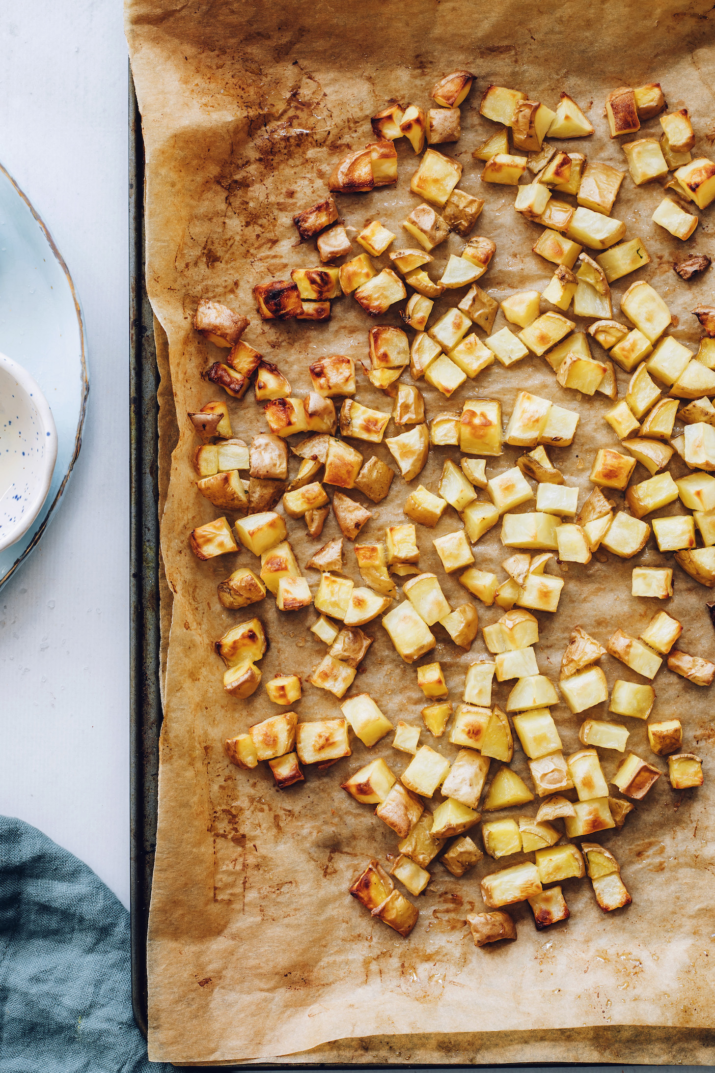 Roasted potatoes on a baking sheet