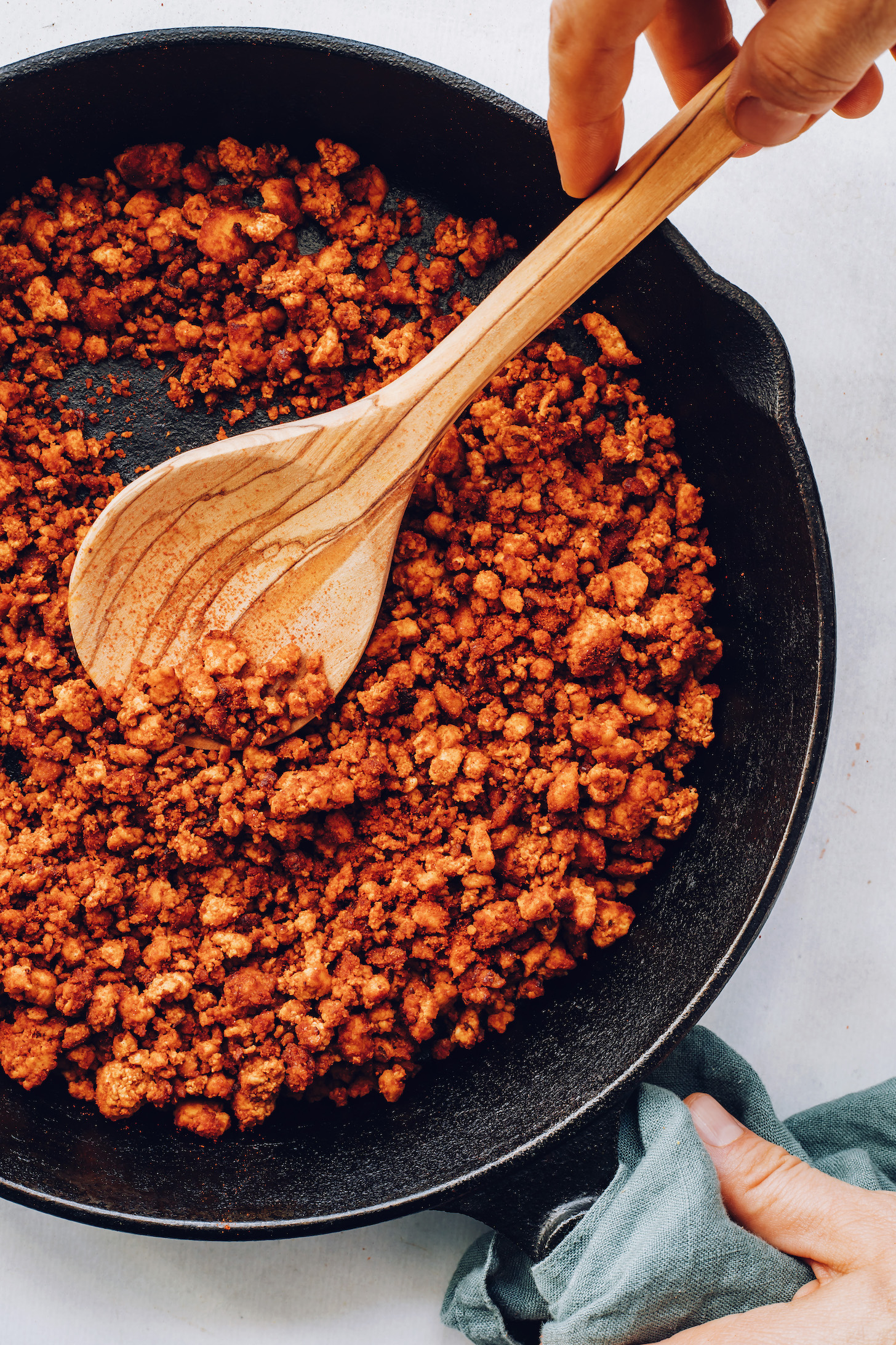 Cooking vegan chorizo in a skillet