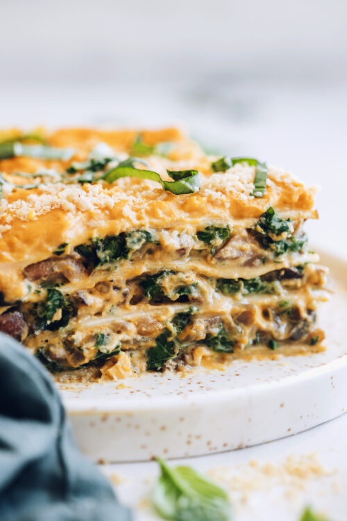 Close up shot of a slice of gluten-free butternut squash lasagna