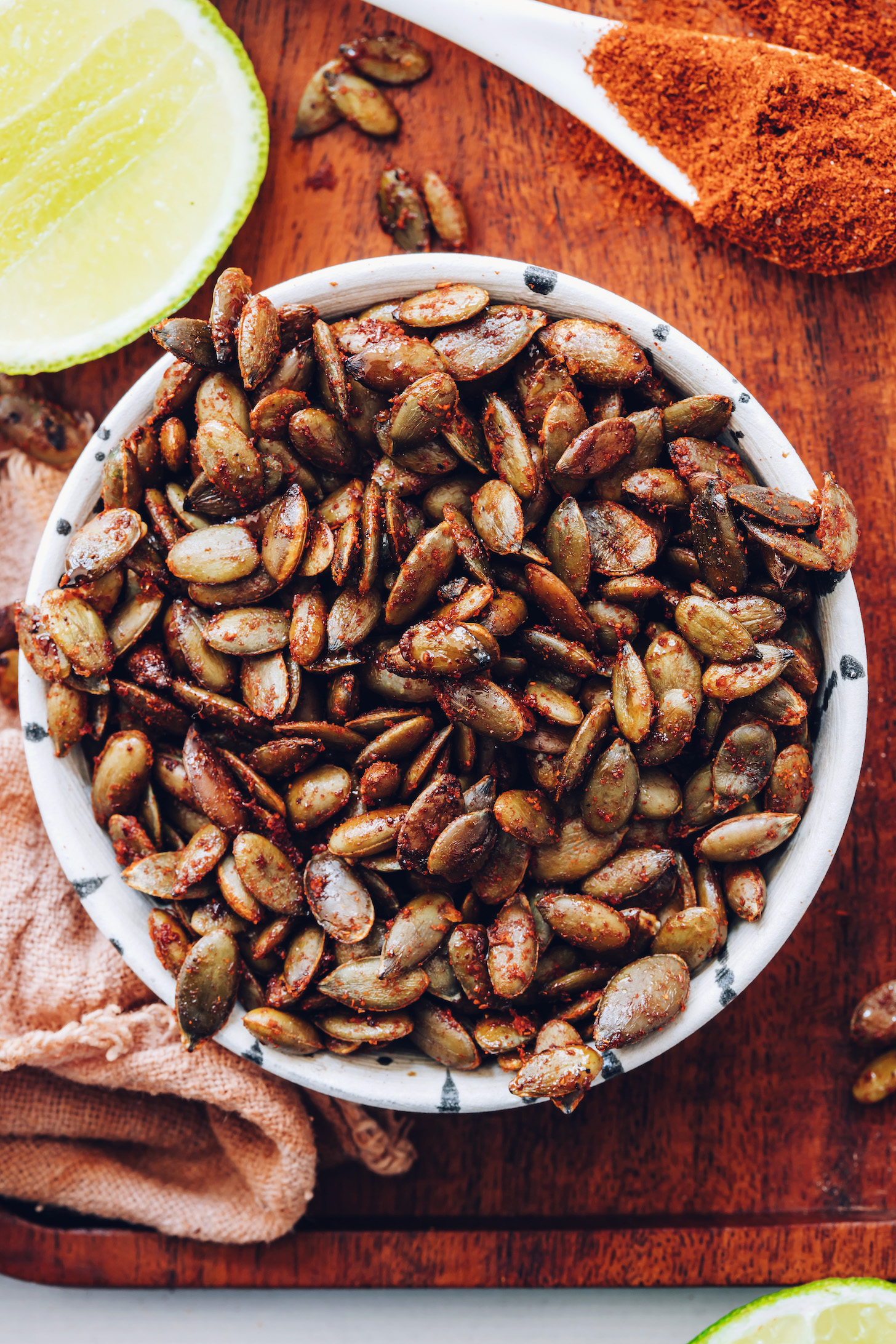 Bowl full of chili lime roasted pepitas