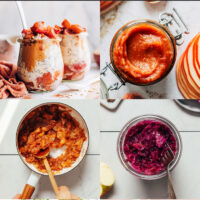 Gallery of plant-based apple recipes for fall, including apple pie overnight oats, apple butter, apple sauce, apple sauerkraut, and apple cheesecake bars