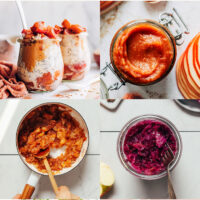 Gallery of plant-based apple recipes for fall, including apple pie overnight oats, apple butter, apple sauce, apple sauerkraut, and apple cheesecake bars