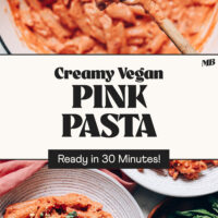 Close up spoonful and a bowl of our creamy vegan pink pasta ready in 30 minutes